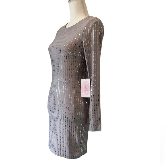 Crystal Sky Gray Metallic Style Long Sleeve Open Back Dress Women’s Small NWT - Picture 3 of 16
